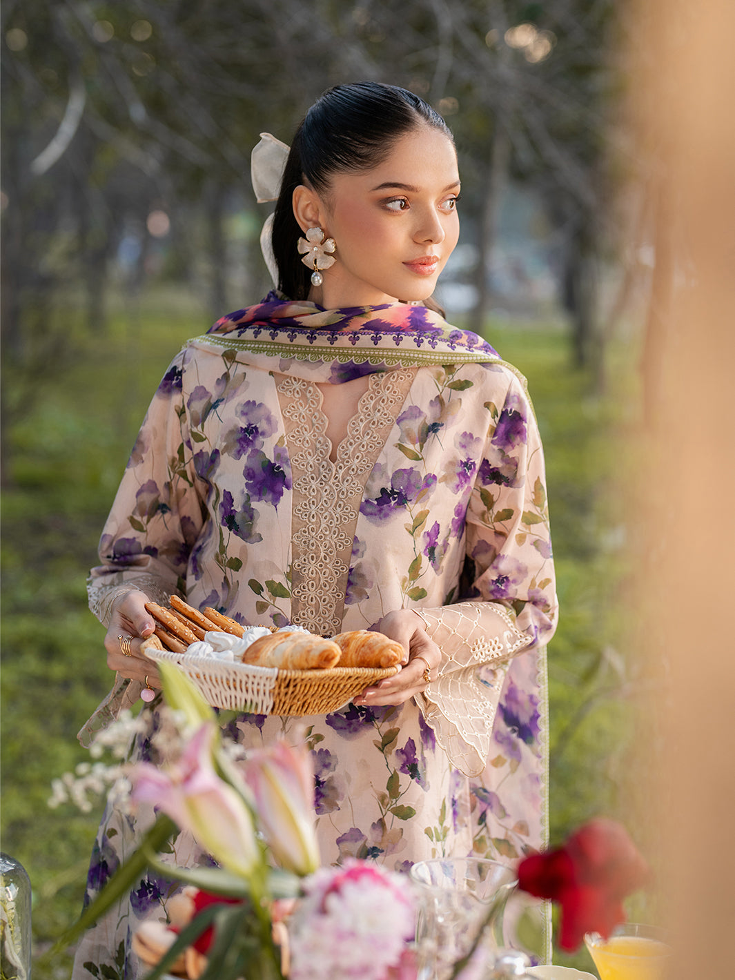 GARNET-3PC LAWN PRINTED EMB SHIRT WITH SILK PRINTED DUPATTA AND PRINTED TROUSER-BIC-045