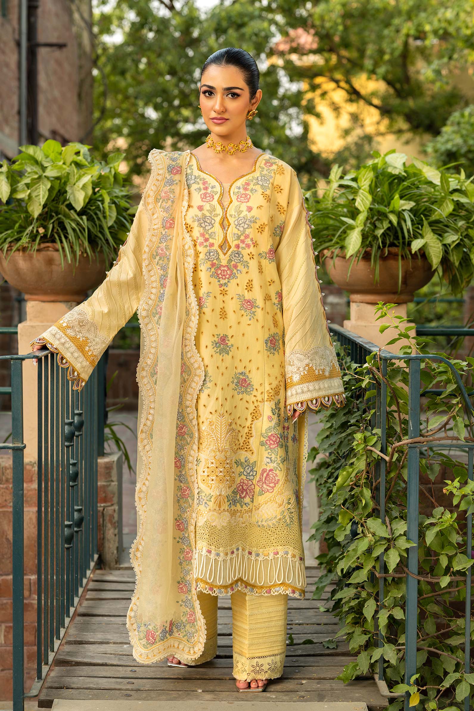 MAHNUR-3PC LAWN EMBROIDERED SHIRT WITH KHAADI NET EMBROIDERED DUPATTA AND TROUSER -BIC-4657