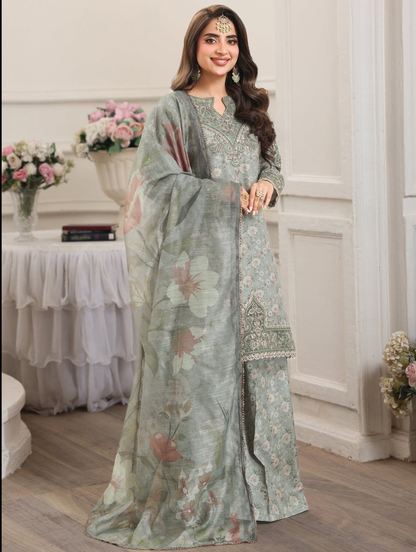 MOHAGNI-3PC LAWN PRINTED EMBROIDERED SHIRT WITH SILK PRINTED DUPATTA AND PRINTED TROUSER-BIC-008