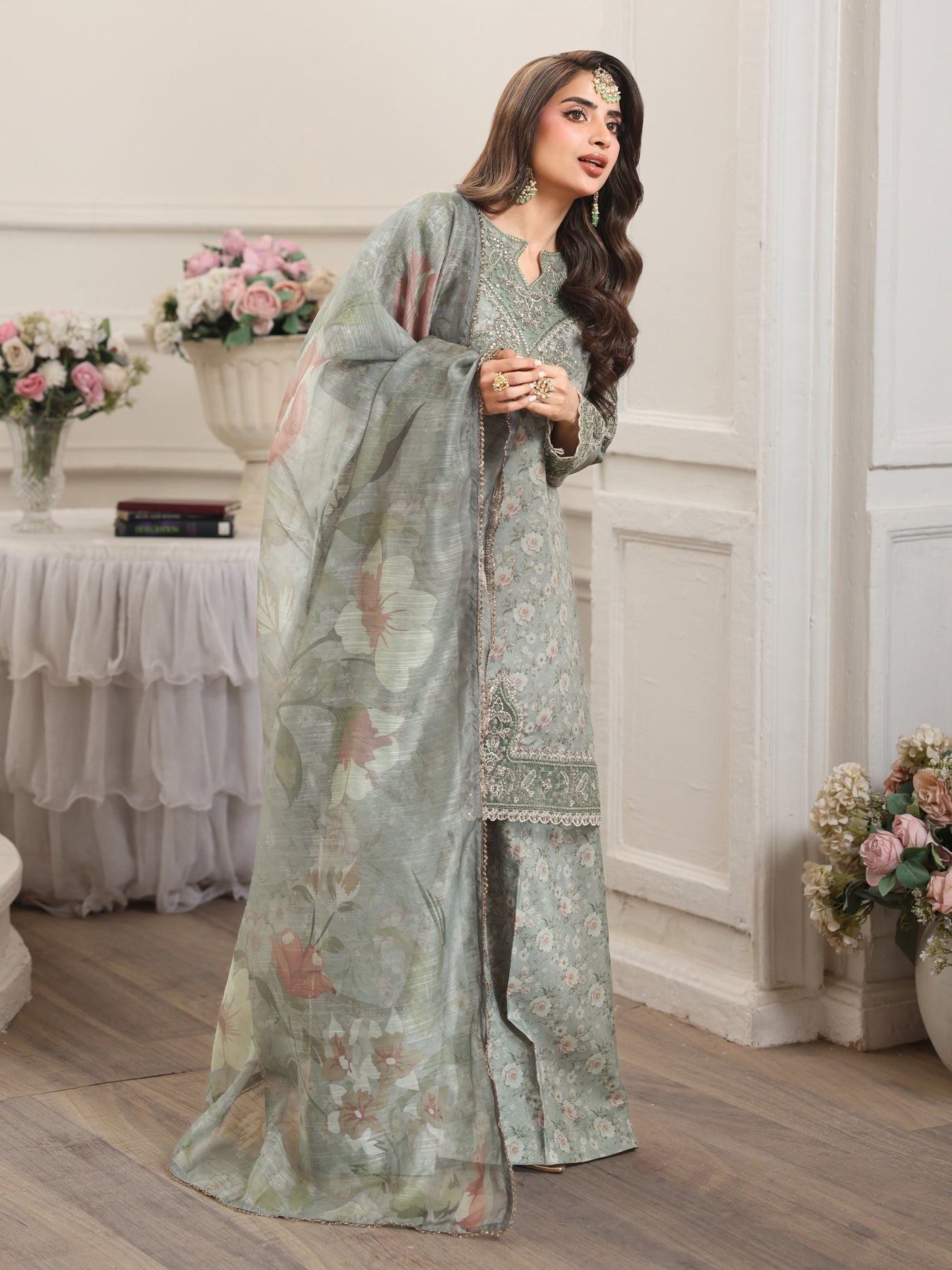 MOHAGNI-3PC LAWN PRINTED EMBROIDERED SHIRT WITH SILK PRINTED DUPATTA AND PRINTED TROUSER-BIC-008