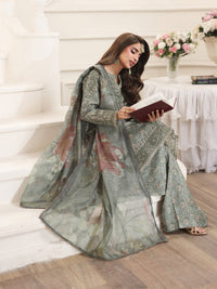 MOHAGNI-3PC LAWN PRINTED EMBROIDERED SHIRT WITH SILK PRINTED DUPATTA AND PRINTED TROUSER-BIC-008