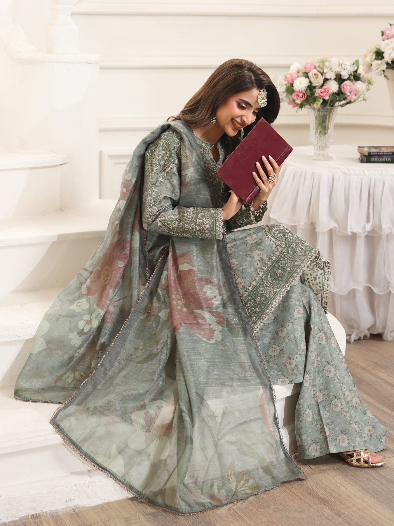 MOHAGNI-3PC LAWN PRINTED EMBROIDERED SHIRT WITH SILK PRINTED DUPATTA AND PRINTED TROUSER-BIC-008