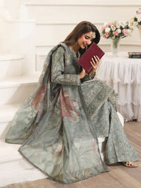MOHAGNI-3PC LAWN PRINTED EMBROIDERED SHIRT WITH SILK PRINTED DUPATTA AND PRINTED TROUSER-BIC-008