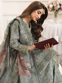 MOHAGNI-3PC LAWN PRINTED EMBROIDERED SHIRT WITH SILK PRINTED DUPATTA AND PRINTED TROUSER-BIC-008