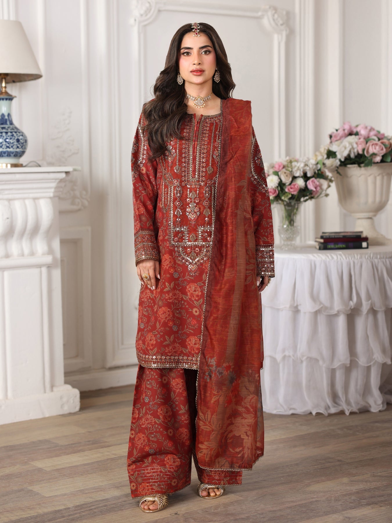 MOHAGNI-3PC LAWN PRINTED EMBROIDERED SHIRT WITH SILK PRINTED DUPATTA AND PRINTED EMB TROUSER-007