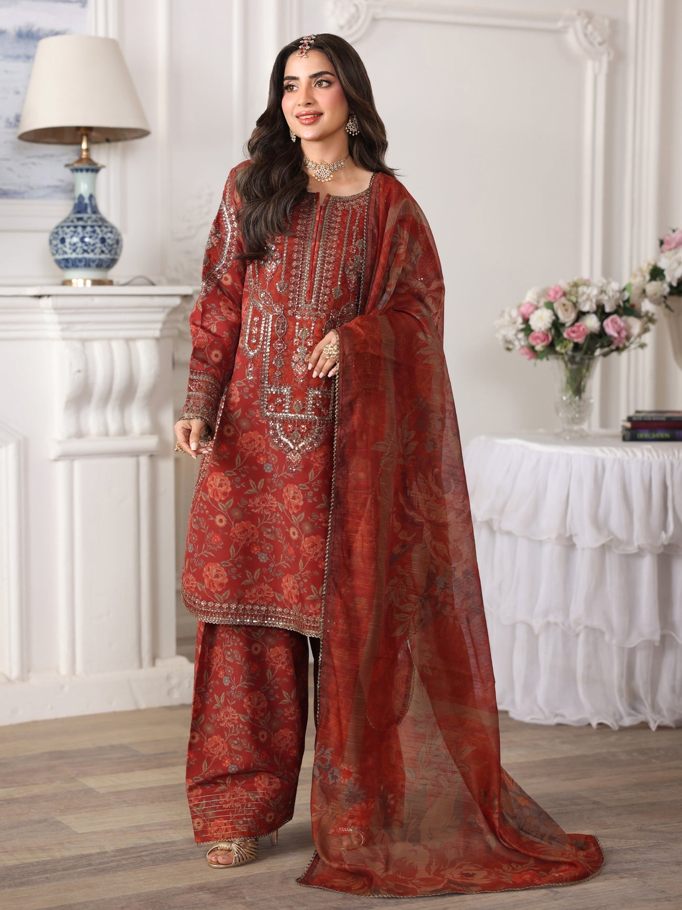 MOHAGNI-3PC LAWN PRINTED EMBROIDERED SHIRT WITH SILK PRINTED DUPATTA AND PRINTED EMB TROUSER-007