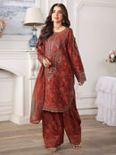 MOHAGNI-3PC LAWN PRINTED EMBROIDERED SHIRT WITH SILK PRINTED DUPATTA AND PRINTED EMB TROUSER-007
