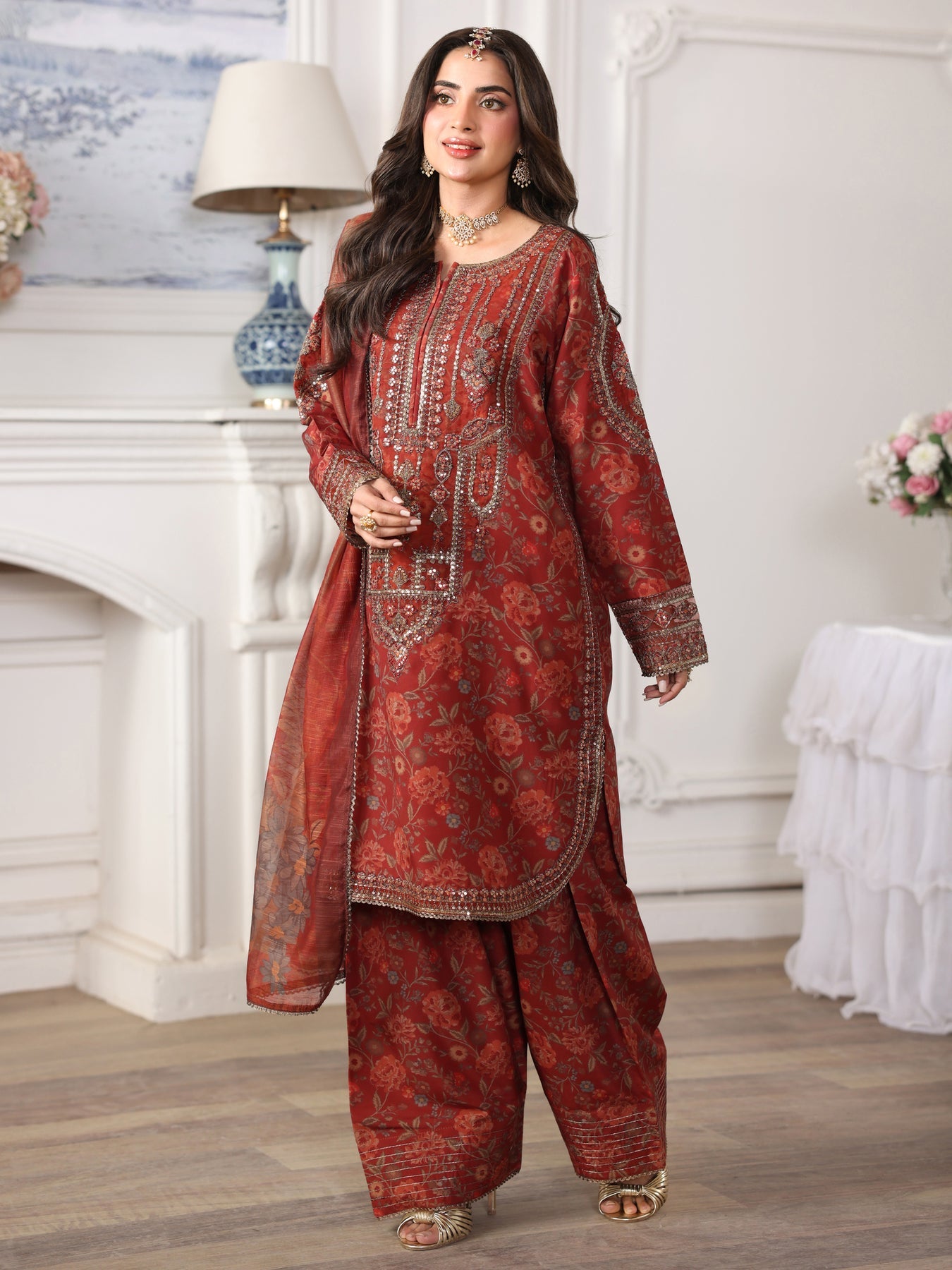 MOHAGNI-3PC LAWN PRINTED EMBROIDERED SHIRT WITH SILK PRINTED DUPATTA AND PRINTED EMB TROUSER-007
