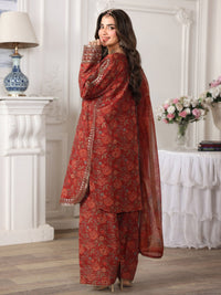 MOHAGNI-3PC LAWN PRINTED EMBROIDERED SHIRT WITH SILK PRINTED DUPATTA AND PRINTED EMB TROUSER-007