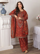 MOHAGNI-3PC LAWN PRINTED EMBROIDERED SHIRT WITH SILK PRINTED DUPATTA AND PRINTED EMB TROUSER-007