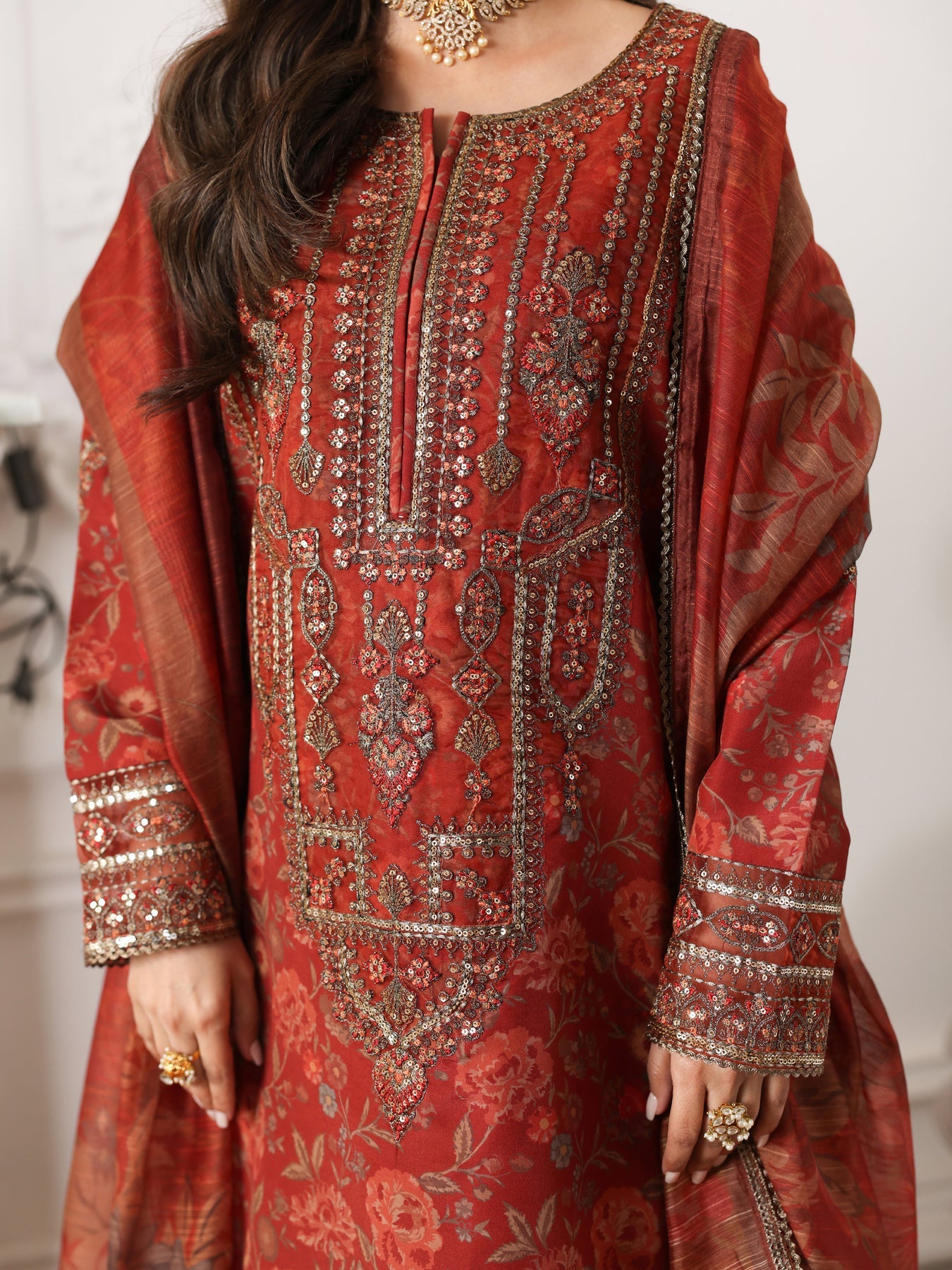 MOHAGNI-3PC LAWN PRINTED EMBROIDERED SHIRT WITH SILK PRINTED DUPATTA AND PRINTED EMB TROUSER-007