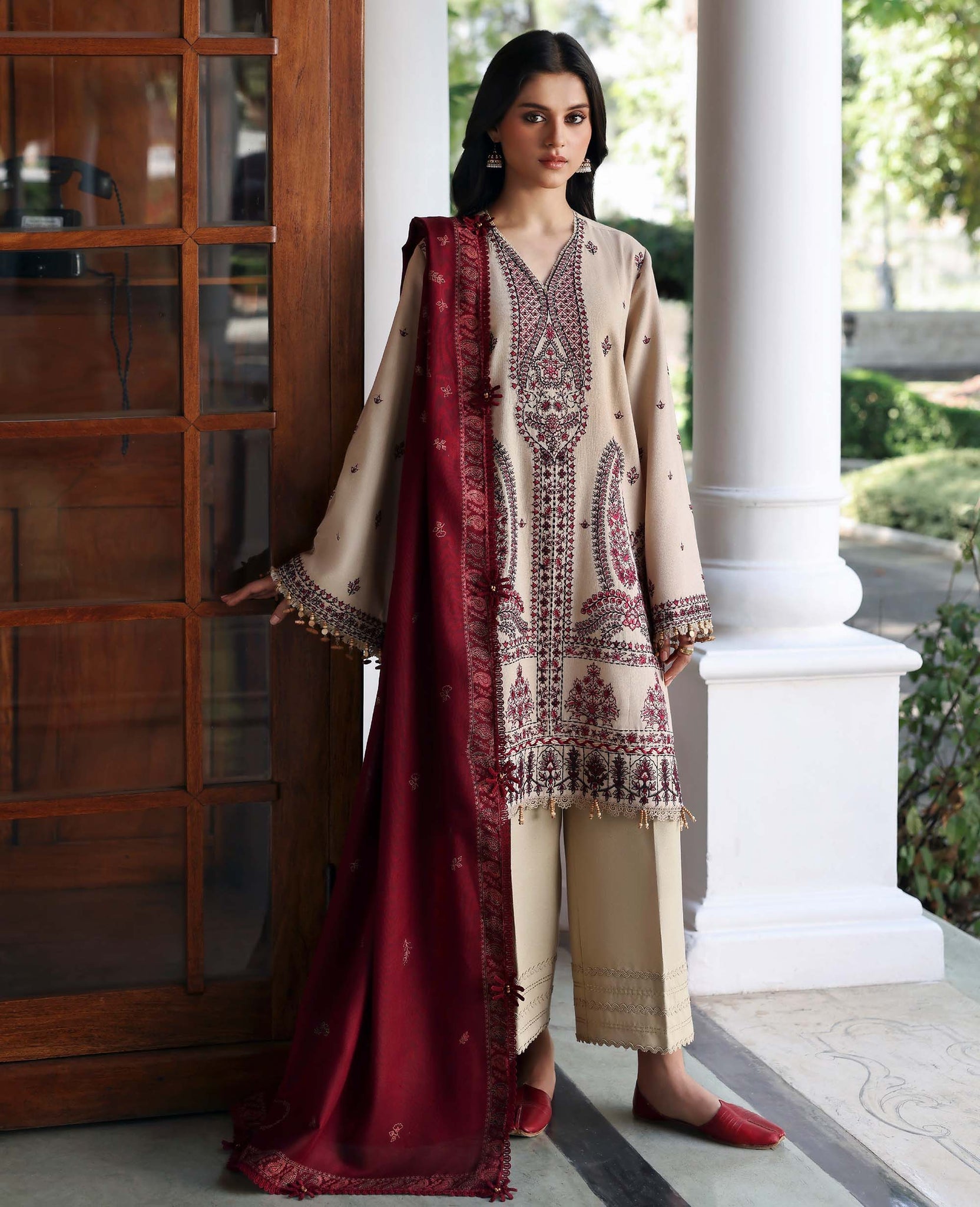 REPUBLIC-3PC DHANAK EMBROIDERED SHIRT WITH DHANAK EMBROIDERED SHAWL AND EMB TROUSER -BIC-5169