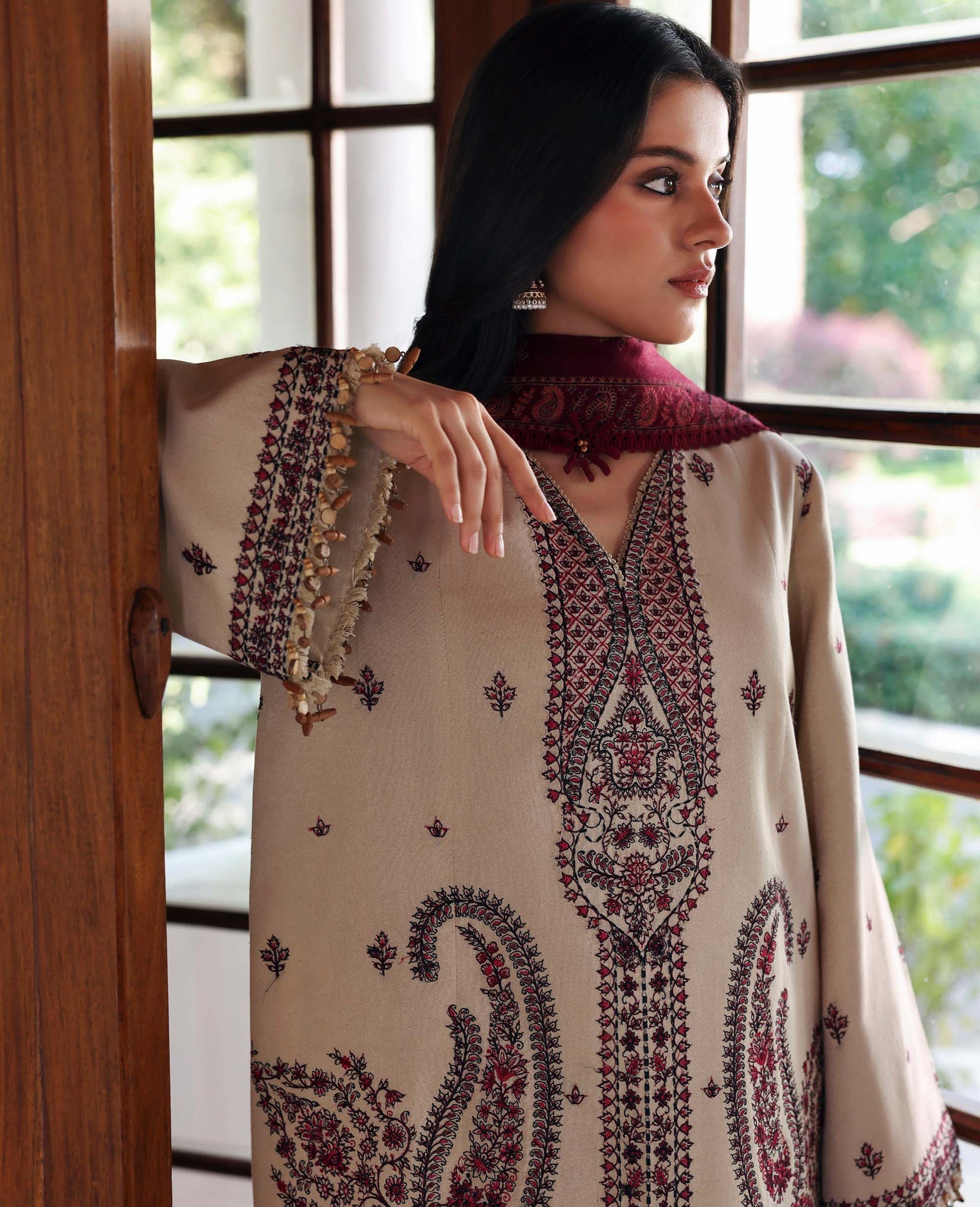 REPUBLIC-3PC DHANAK EMBROIDERED SHIRT WITH DHANAK EMBROIDERED SHAWL AND EMB TROUSER -BIC-5169