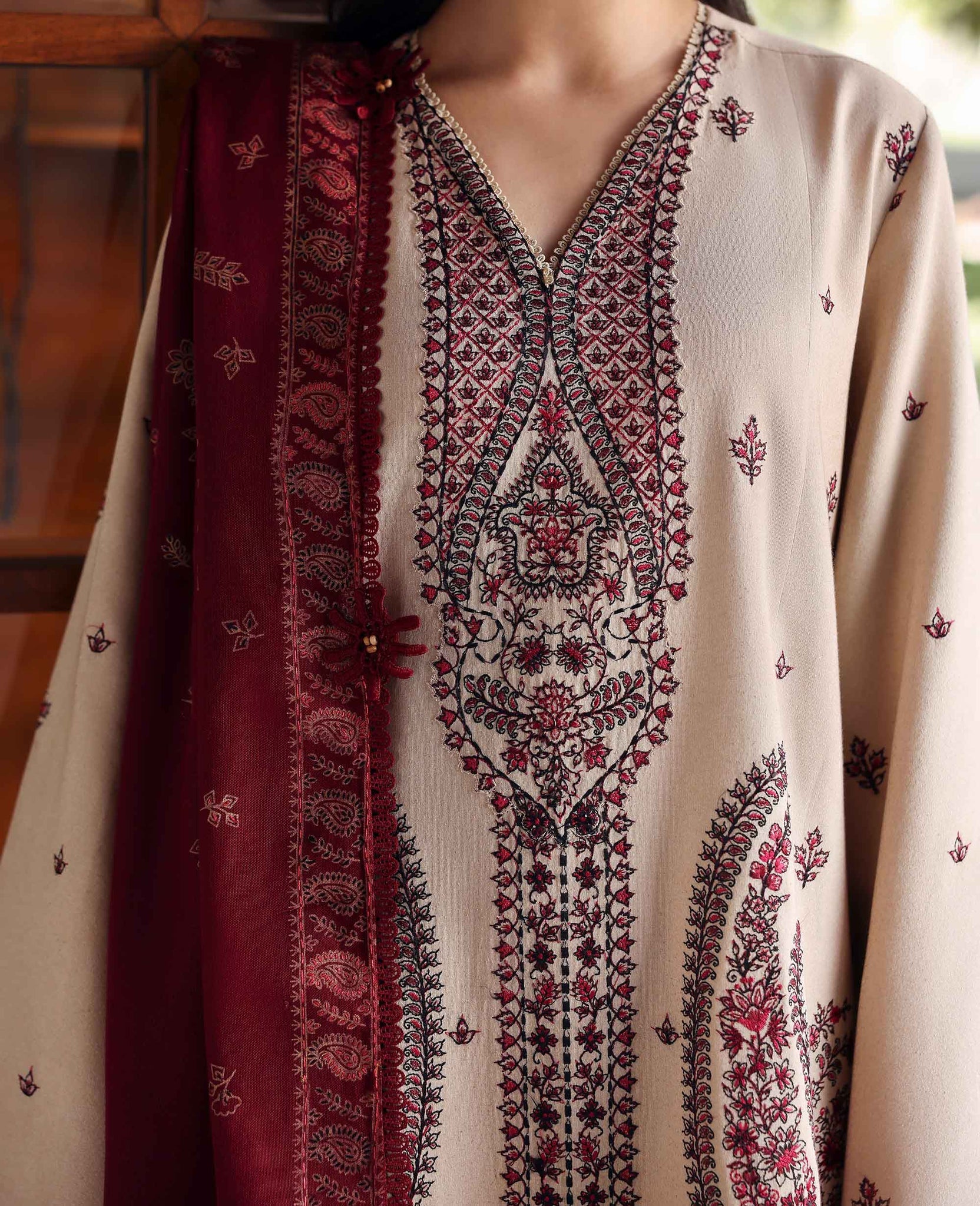 REPUBLIC-3PC DHANAK EMBROIDERED SHIRT WITH DHANAK EMBROIDERED SHAWL AND EMB TROUSER -BIC-5169