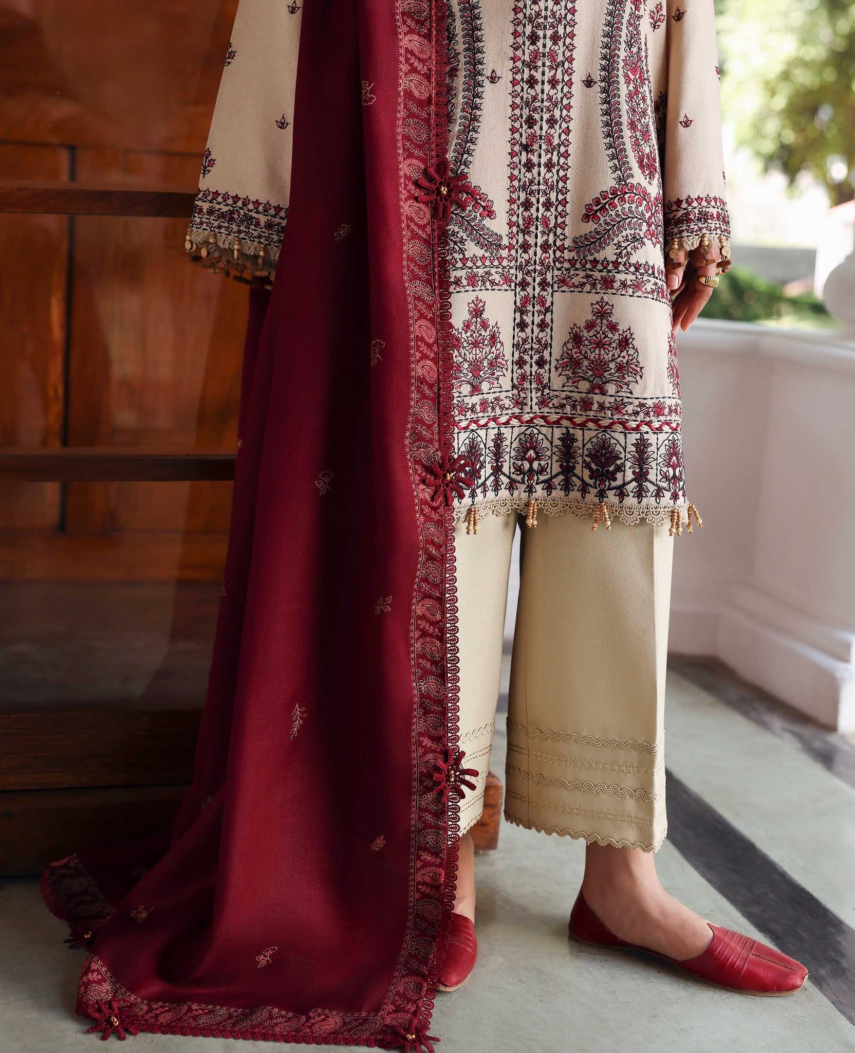 REPUBLIC-3PC DHANAK EMBROIDERED SHIRT WITH DHANAK EMBROIDERED SHAWL AND EMB TROUSER -BIC-5169