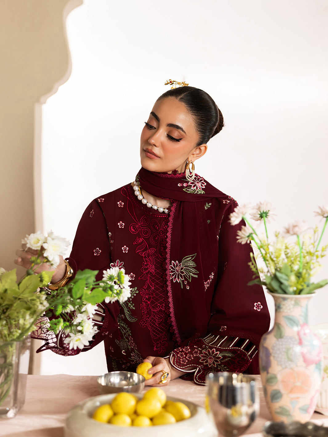 MAHNUR-3PC DHANAK EMBROIDERED SHIRT WITH DHANAK EMBROIDERED SHAWL AND TROUSER-BIC-5277