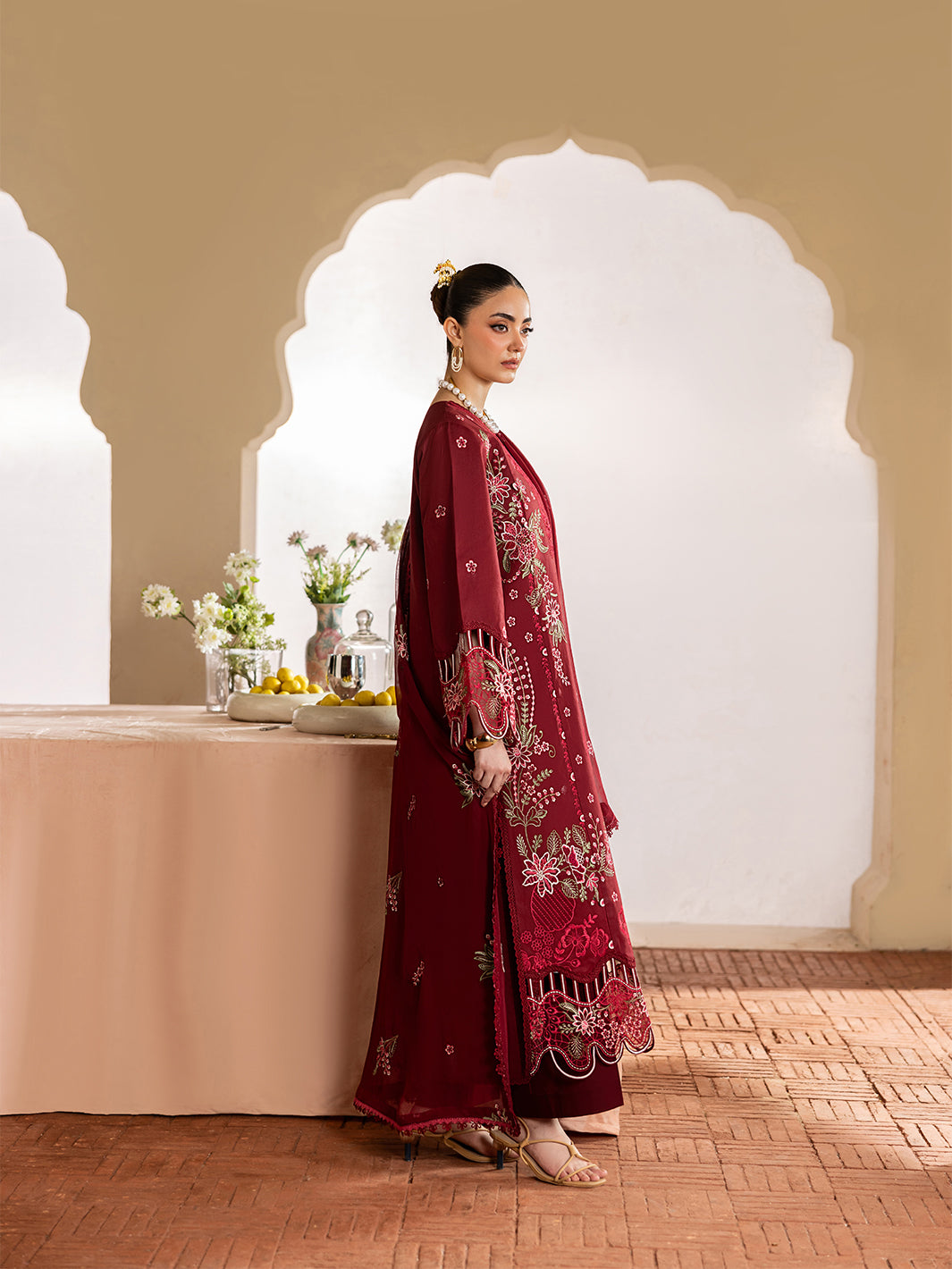 MAHNUR-3PC DHANAK EMBROIDERED SHIRT WITH DHANAK EMBROIDERED SHAWL AND TROUSER-BIC-5277