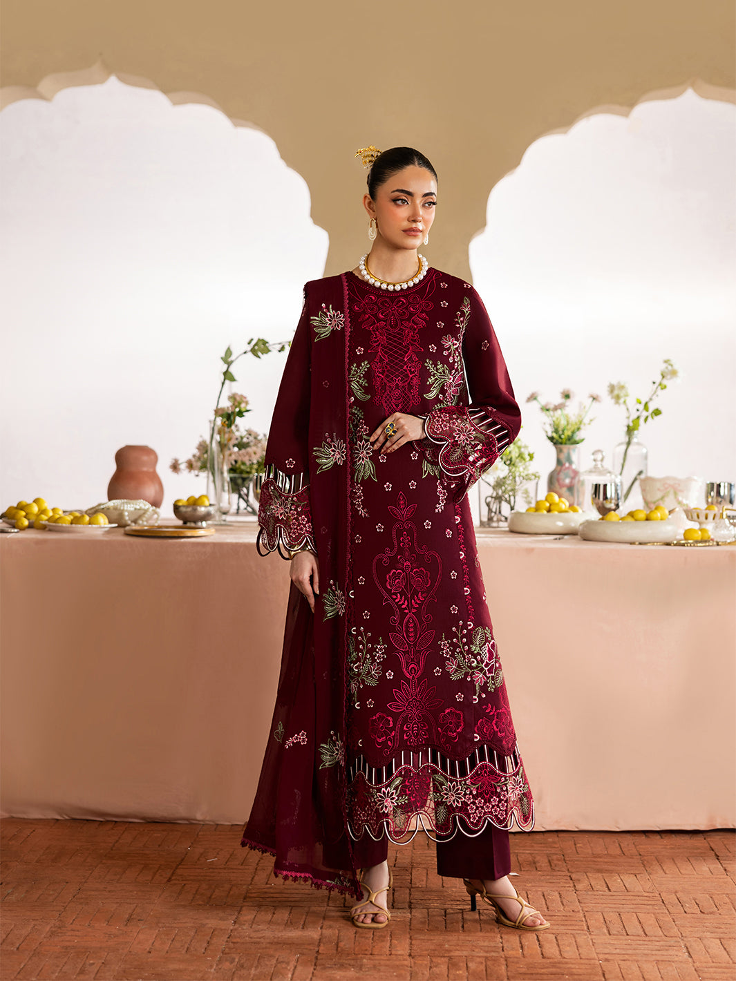 MAHNUR-3PC DHANAK EMBROIDERED SHIRT WITH DHANAK EMBROIDERED SHAWL AND TROUSER-BIC-5277