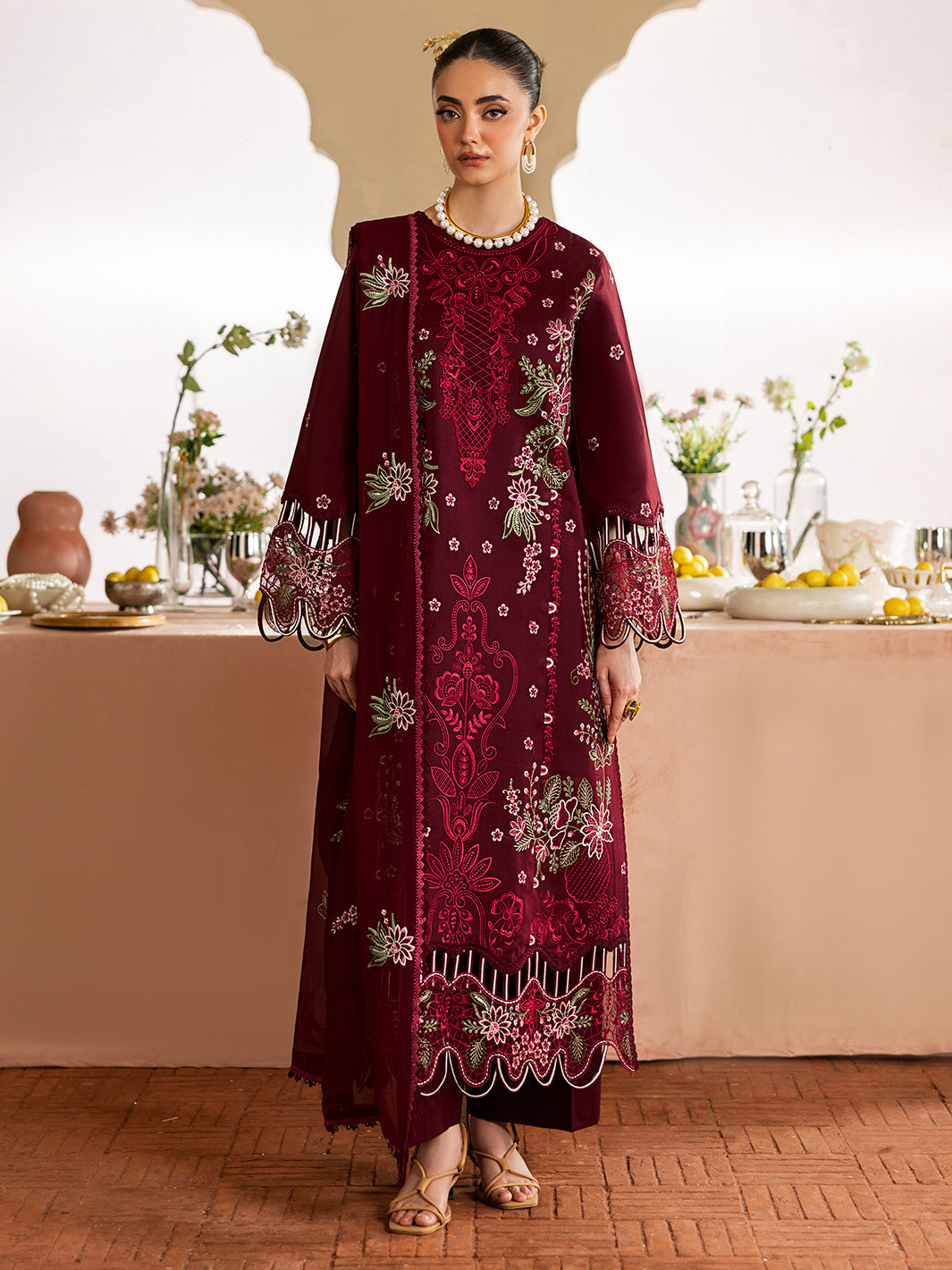 MAHNUR-3PC DHANAK EMBROIDERED SHIRT WITH DHANAK EMBROIDERED SHAWL AND TROUSER-BIC-5277