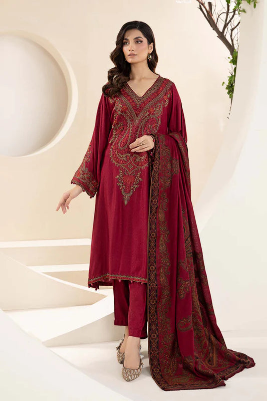 MARIA B-3PC KHADDAR EMBROIDRED SHIRT WITH WOOL PRINT SHAWL AND TROUSER-BIC-3268 B