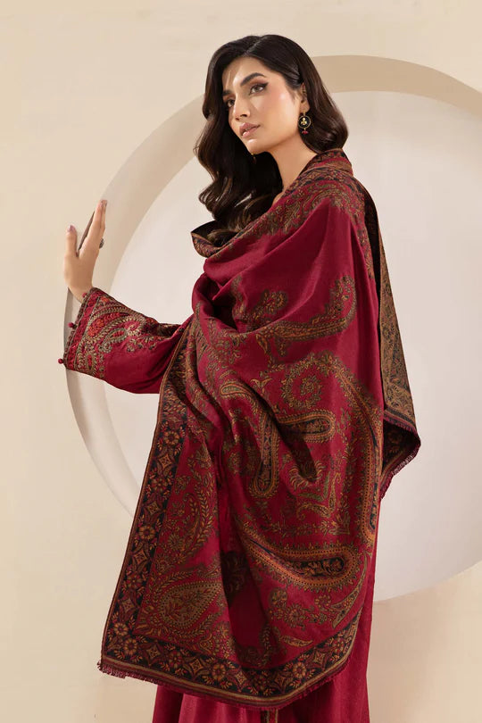 MARIA B-3PC KHADDAR EMBROIDRED SHIRT WITH WOOL PRINT SHAWL AND TROUSER-BIC-3268 B