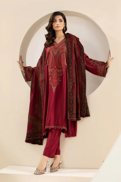 MARIA B-3PC KHADDAR EMBROIDRED SHIRT WITH WOOL PRINT SHAWL AND TROUSER-BIC-3268 B