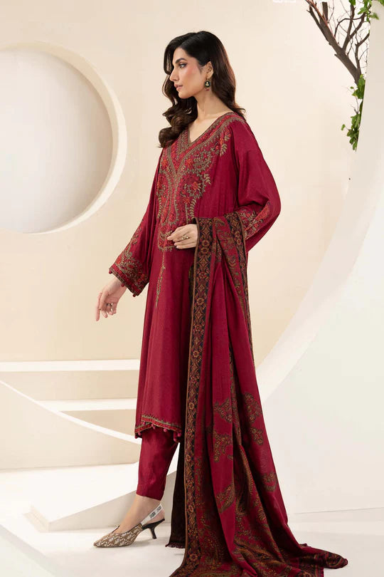 MARIA B-3PC KHADDAR EMBROIDRED SHIRT WITH WOOL PRINT SHAWL AND TROUSER-BIC-3268 B