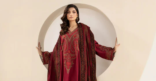 MARIA B-3PC KHADDAR EMBROIDRED SHIRT WITH WOOL PRINT SHAWL AND TROUSER-BIC-3268 B