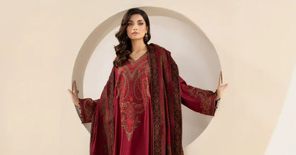 MARIA B-3PC KHADDAR EMBROIDRED SHIRT WITH WOOL PRINT SHAWL AND TROUSER-BIC-3268 B