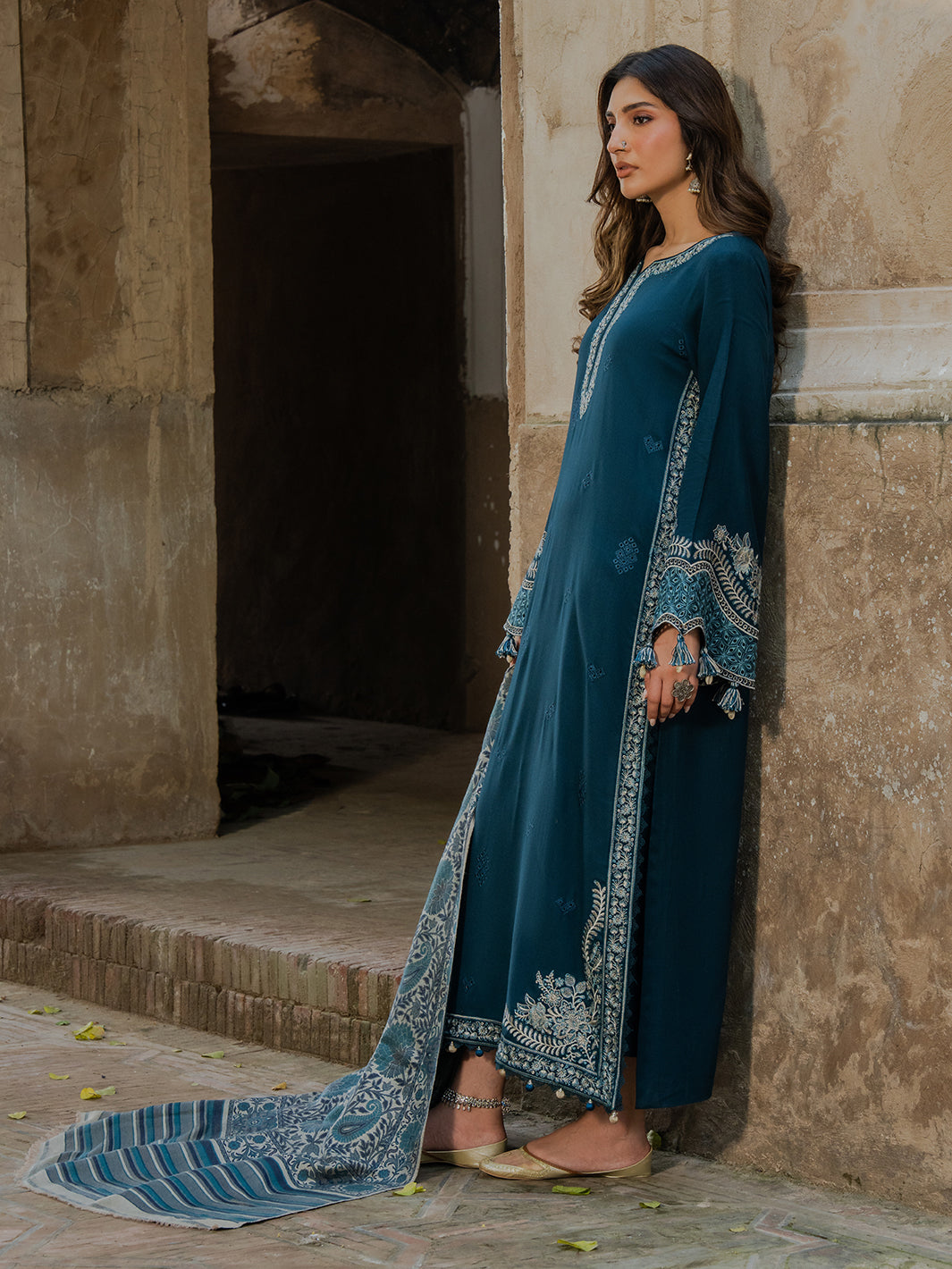 IZEL-3PC KHADDAR EMBROIDERED SHIRT WITH COURTRAI PRINTED SHAWL & TROUSER-BIC-4369