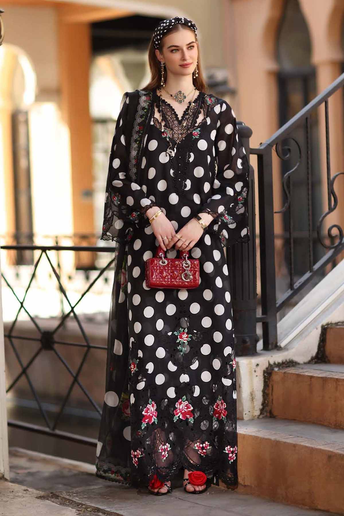 MARIA.B-3PC LAWN PRINTED EMB SHIRT WITH SILK PRINTED DUPATTA AND PRINTED TROUSER-BIC-072