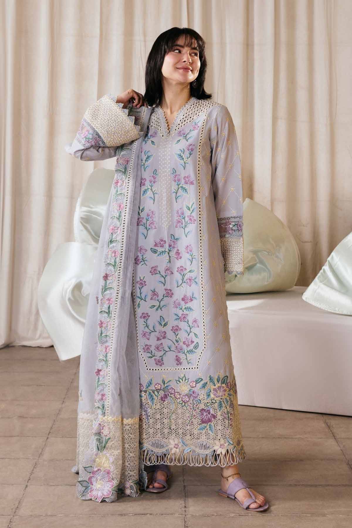 MARYAM HUSSAIN-3PC LAWN EMBROIDERED SHIRT WITH KHADDI NET EMB DUPATTA AND TROUSER-BIC-4913