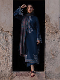 IZEL-3PC DHANAK EMBROIDERED SHIRT WITH COURTRAI PRINTED SHAWL & TROUSER-BIC-4350