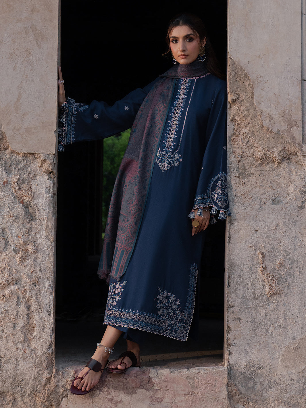 IZEL-3PC DHANAK EMBROIDERED SHIRT WITH COURTRAI PRINTED SHAWL & TROUSER-BIC-4350