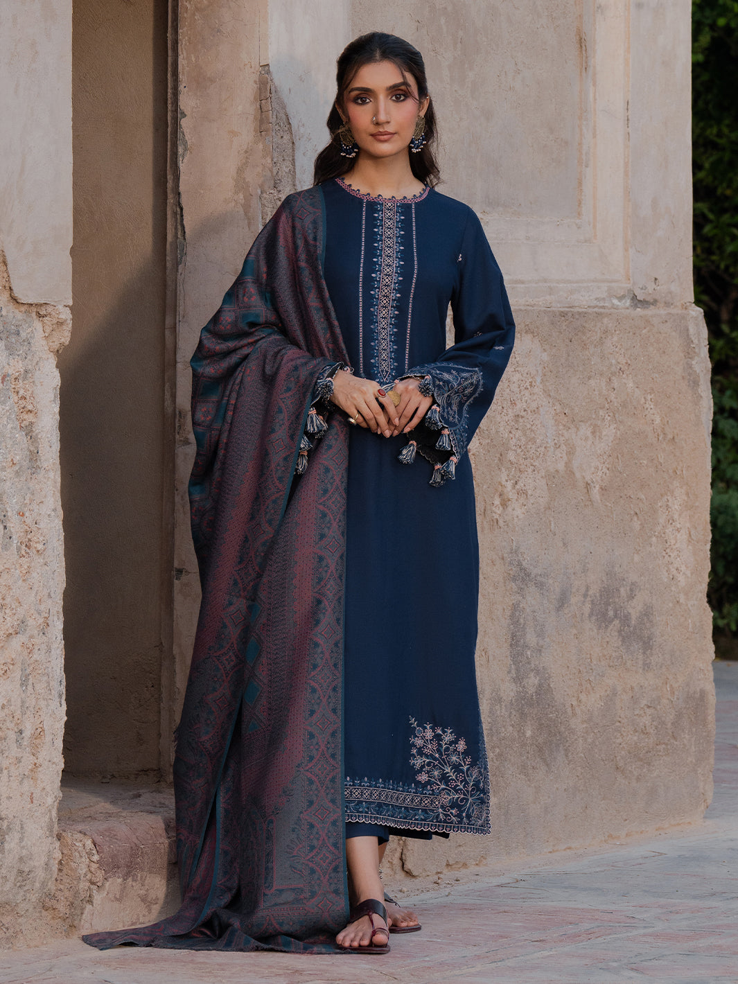 IZEL-3PC DHANAK EMBROIDERED SHIRT WITH COURTRAI PRINTED SHAWL & TROUSER-BIC-4350