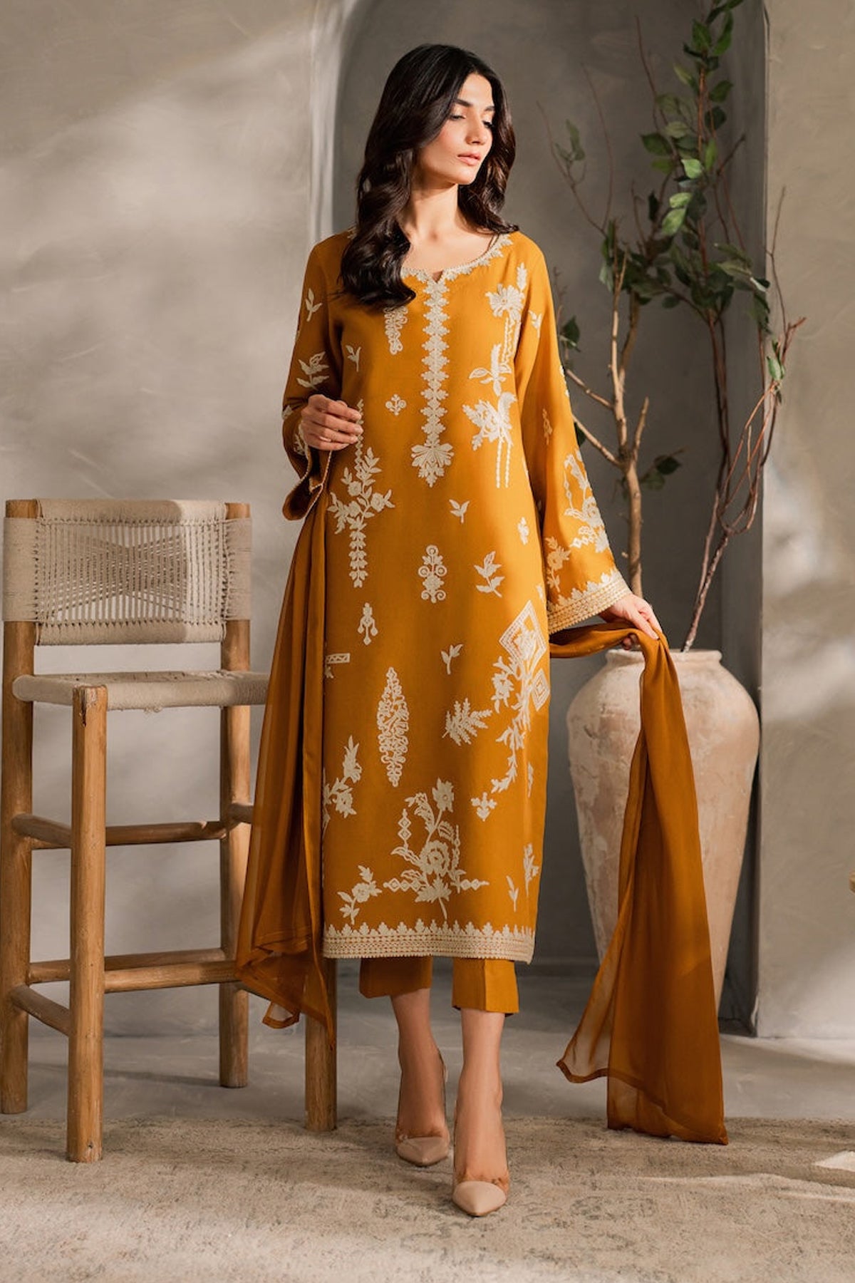 MIRANA-3PC DHANAK EMBROIDERED SHIRT WITH BAMBER CHIFFON DUPATTA AND TROUSER-BIC-4288