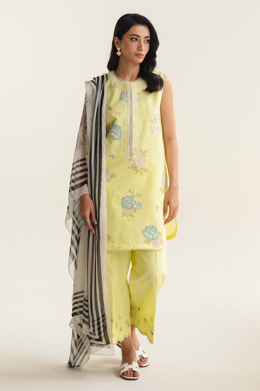 ZAHRA SHAHJAHAN- 3PC LAWN EMBROIDERED SHIRT WITH DIAMOND PRINT DUPATTA-BIC-2852-LEMON