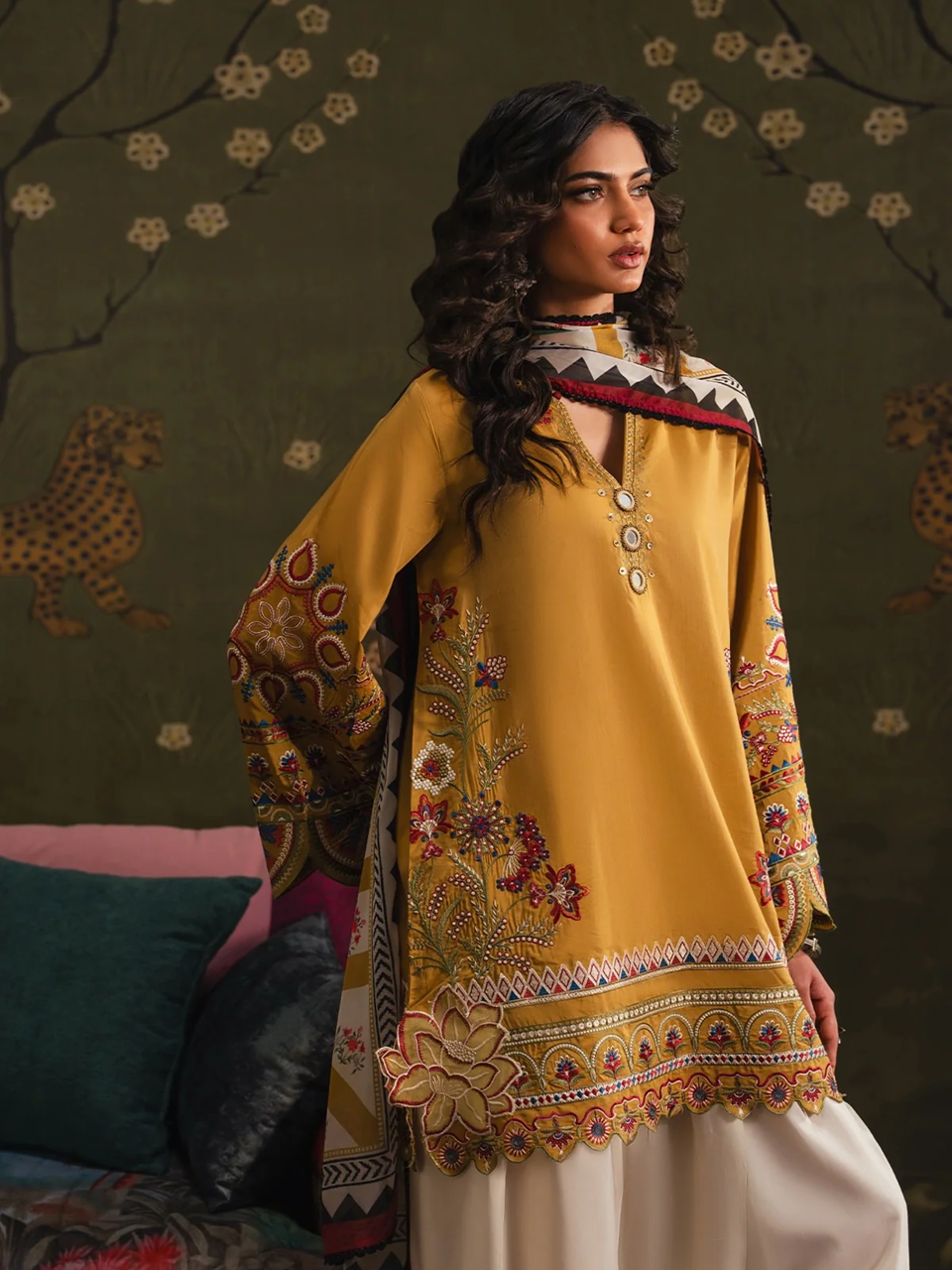 ETHNC-3PC DHANAK EMBROIDERED SHIRT WITH COUTRAI PRINTED SHAWL TYE&DYE DUPATTA SHAWL AND TROUSER-BIC-5230