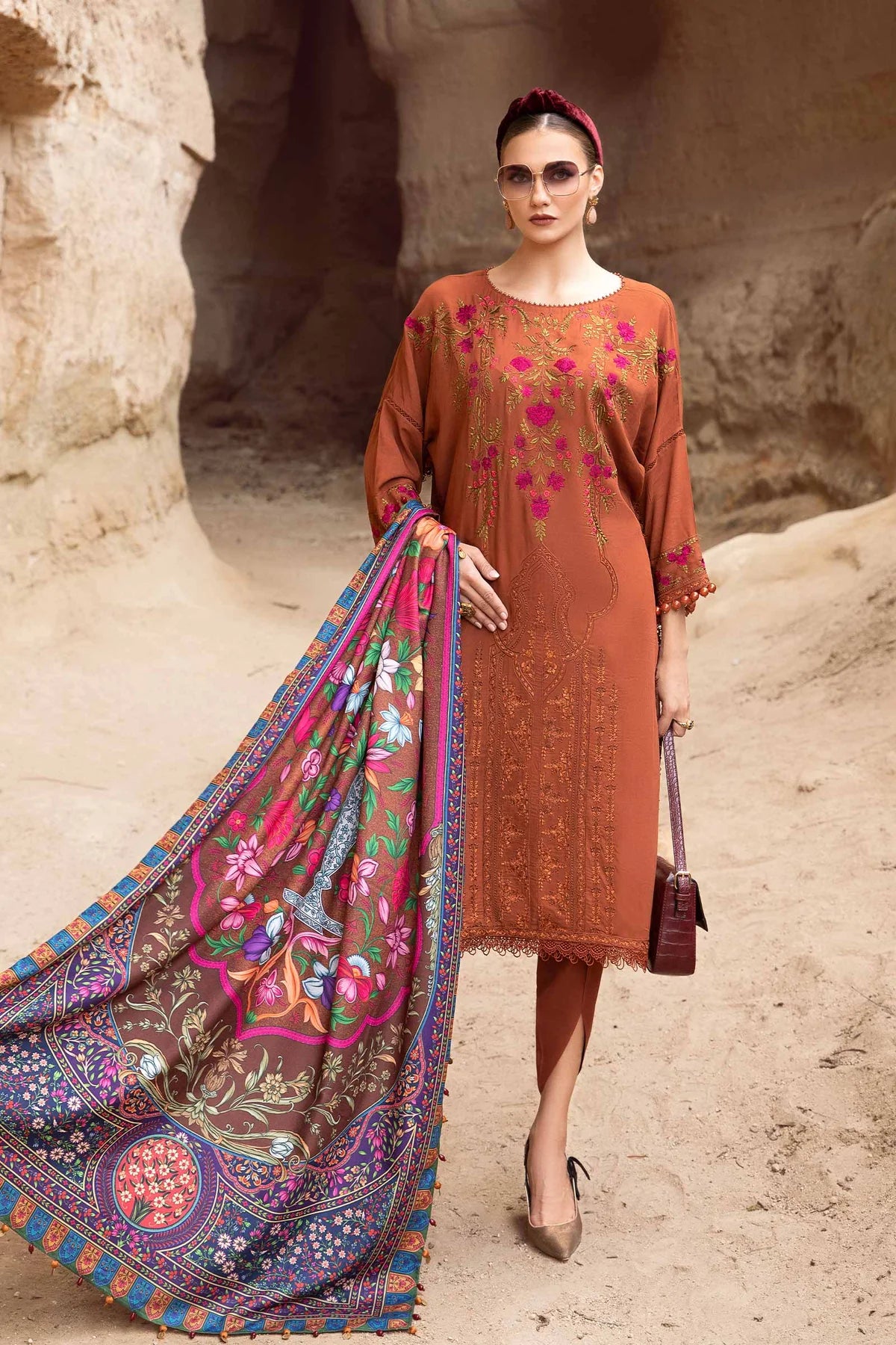 MARIA-B- 3PC DHANAK EMBROIDERED SHIRT WITH COURTRAI PRINTED SHAWL AND TROUSER-BIC-1203