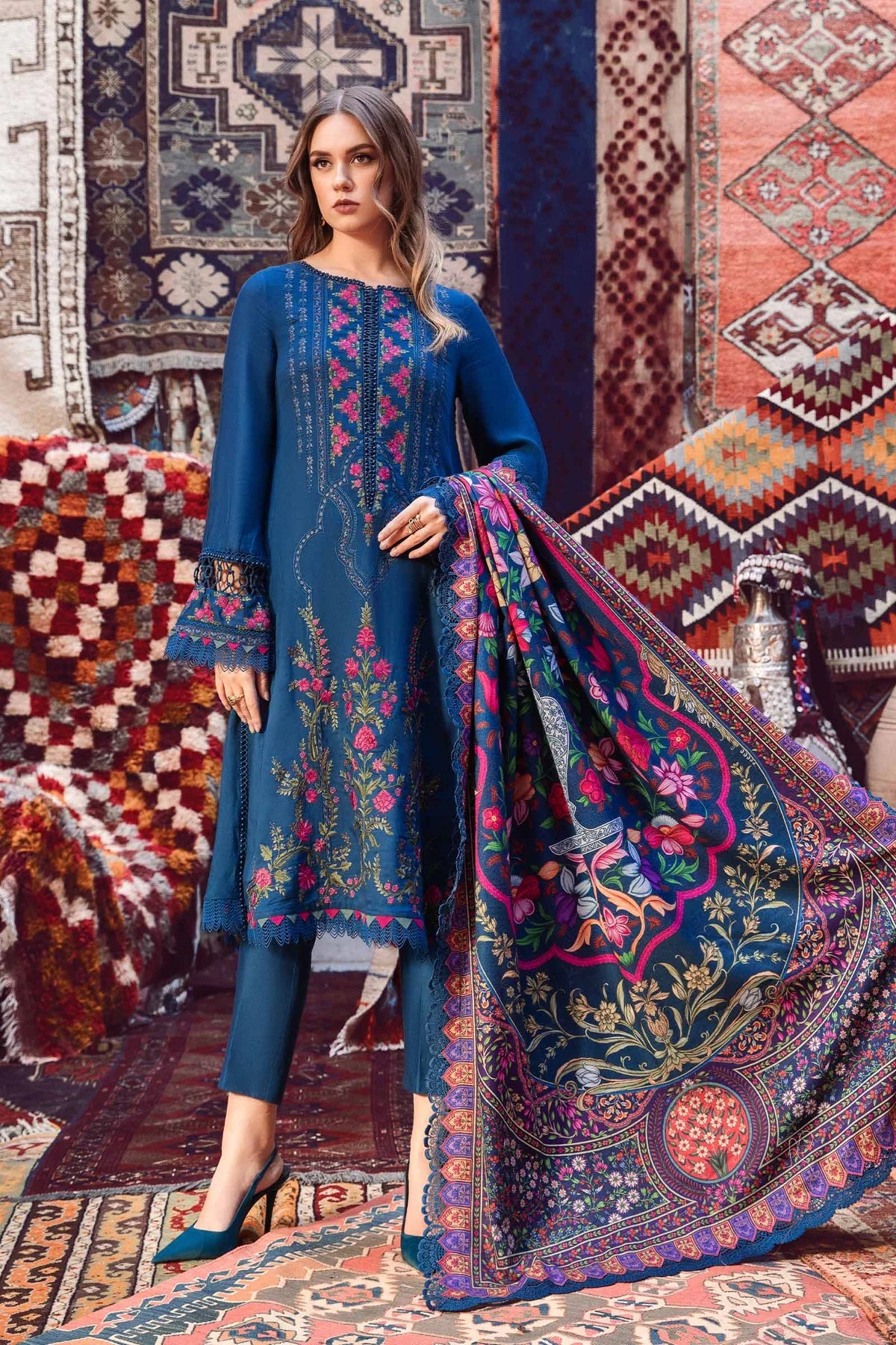 MARIA.B-3PC DHANAK EMBROIDERED SHIRT WITH COURTRAI PRINT SHAWL AND TROUSER-BIC-4075