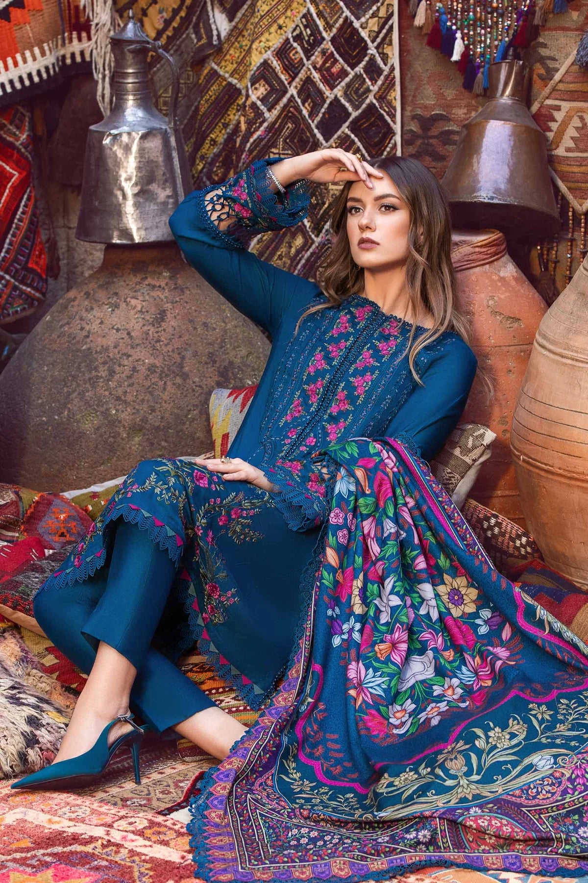 MARIA.B-3PC DHANAK EMBROIDERED SHIRT WITH COURTRAI PRINT SHAWL AND TROUSER-BIC-4075