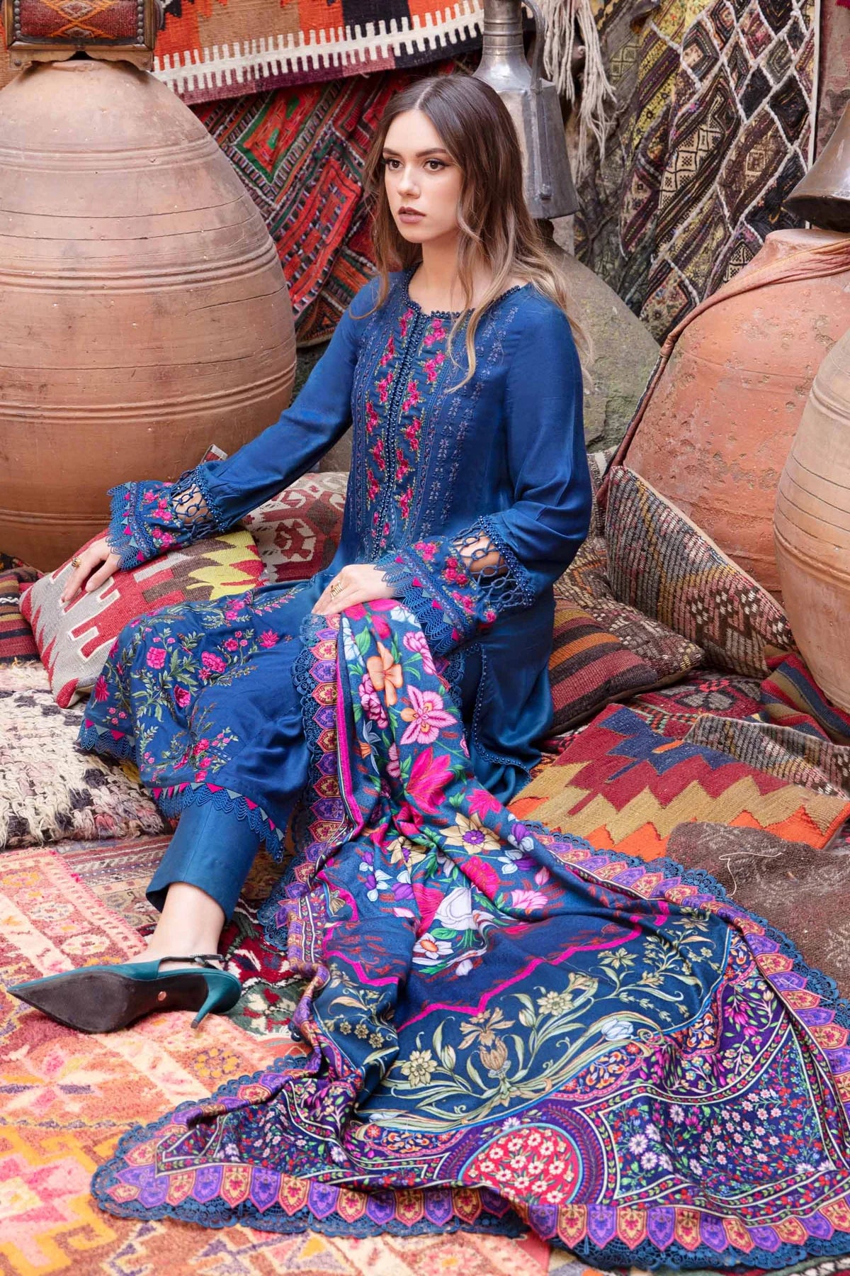 MARIA.B-3PC DHANAK EMBROIDERED SHIRT WITH COURTRAI PRINT SHAWL AND TROUSER-BIC-4075