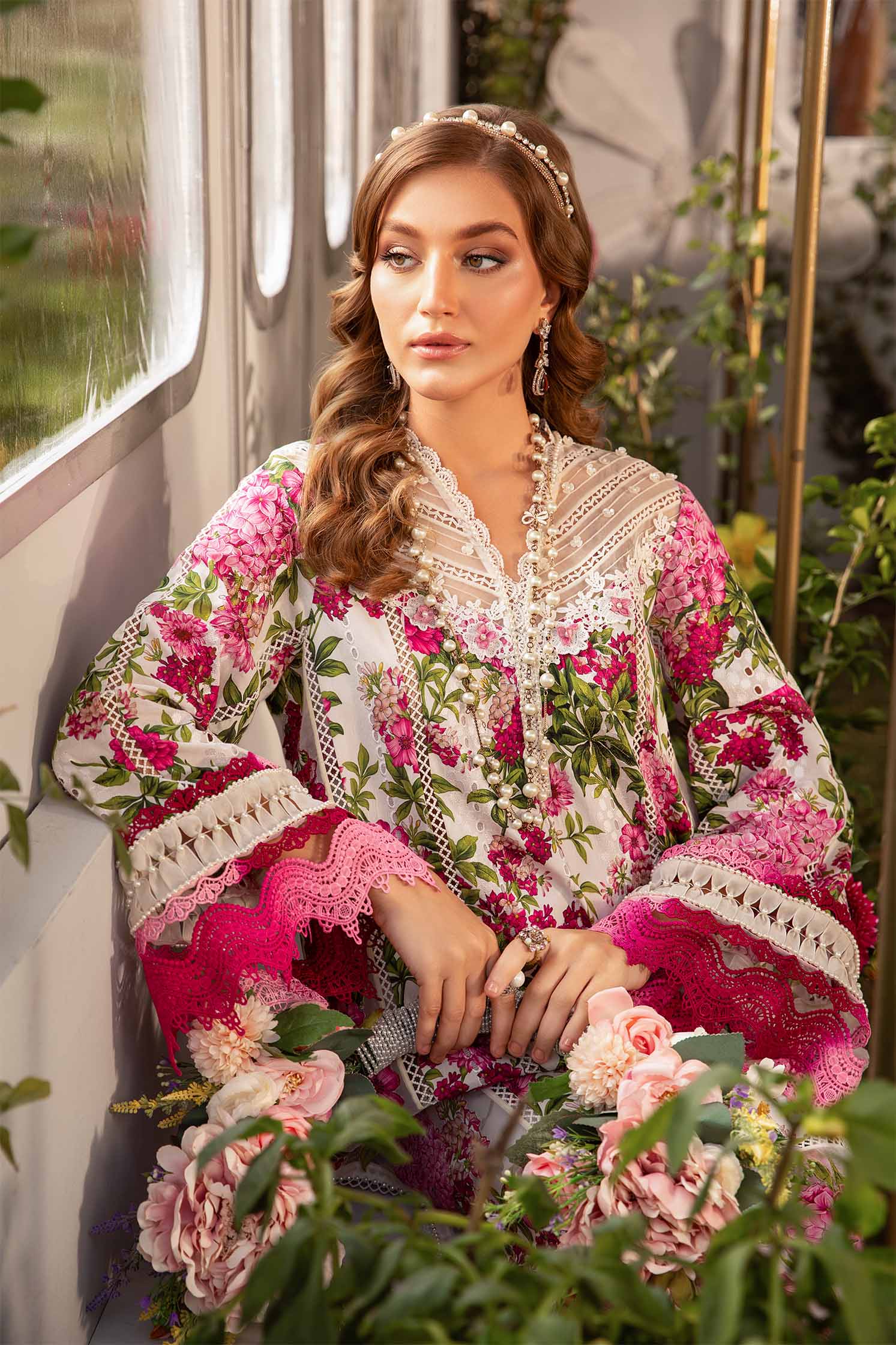 MARIA.B-3PC LAWN PRINTED EMB SHIRT WITH CHIFFON PRINT DUPATTA AND PRINT TROUSER-BIC-2529