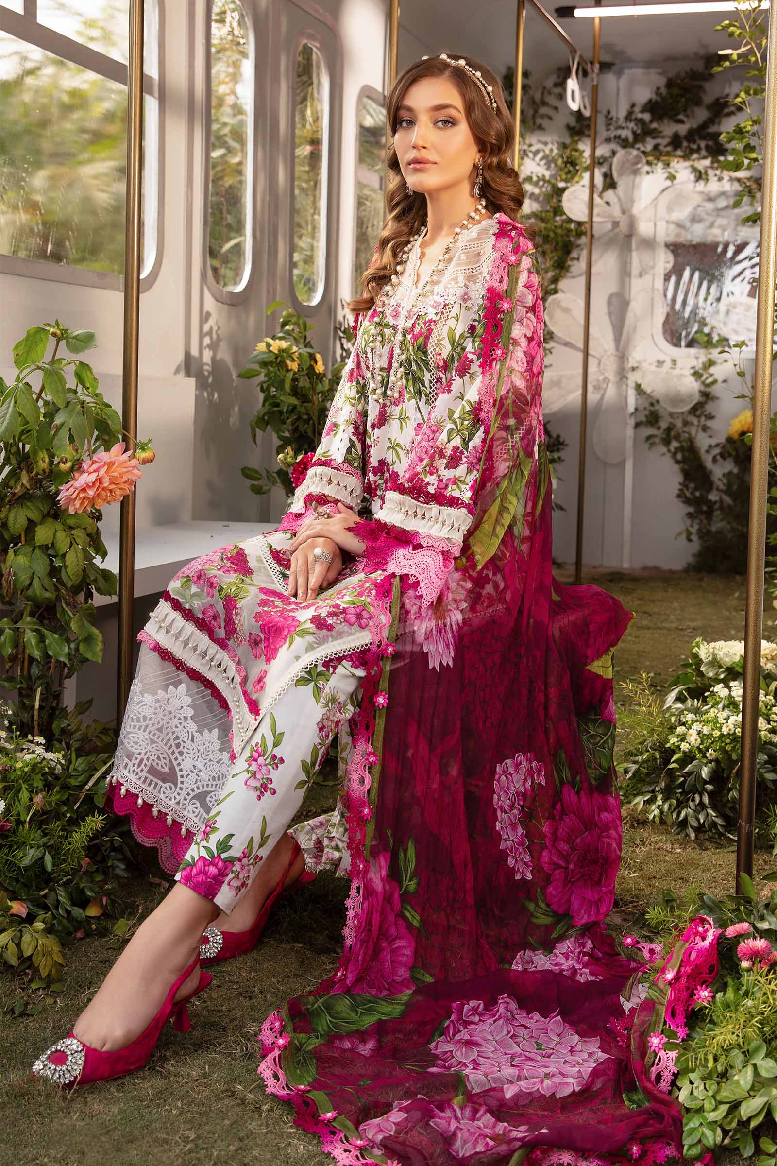 MARIA.B-3PC LAWN PRINTED EMB SHIRT WITH CHIFFON PRINT DUPATTA AND PRINT TROUSER-BIC-2529