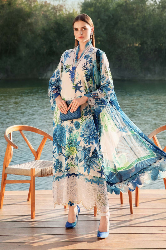 MARIA.B-3PC LAWN EMBROIDERED PRINTED SHIRT WITH CHIFFON PRINT DUPATTA AND PRINT TROUSER-BIC-