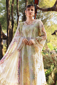 MARIA.B-3PC LAWN PRINTED CHIKAN EMB SHIRT WITH SILK PRINTED DUPATTA AND TROUSER-BIC-034
