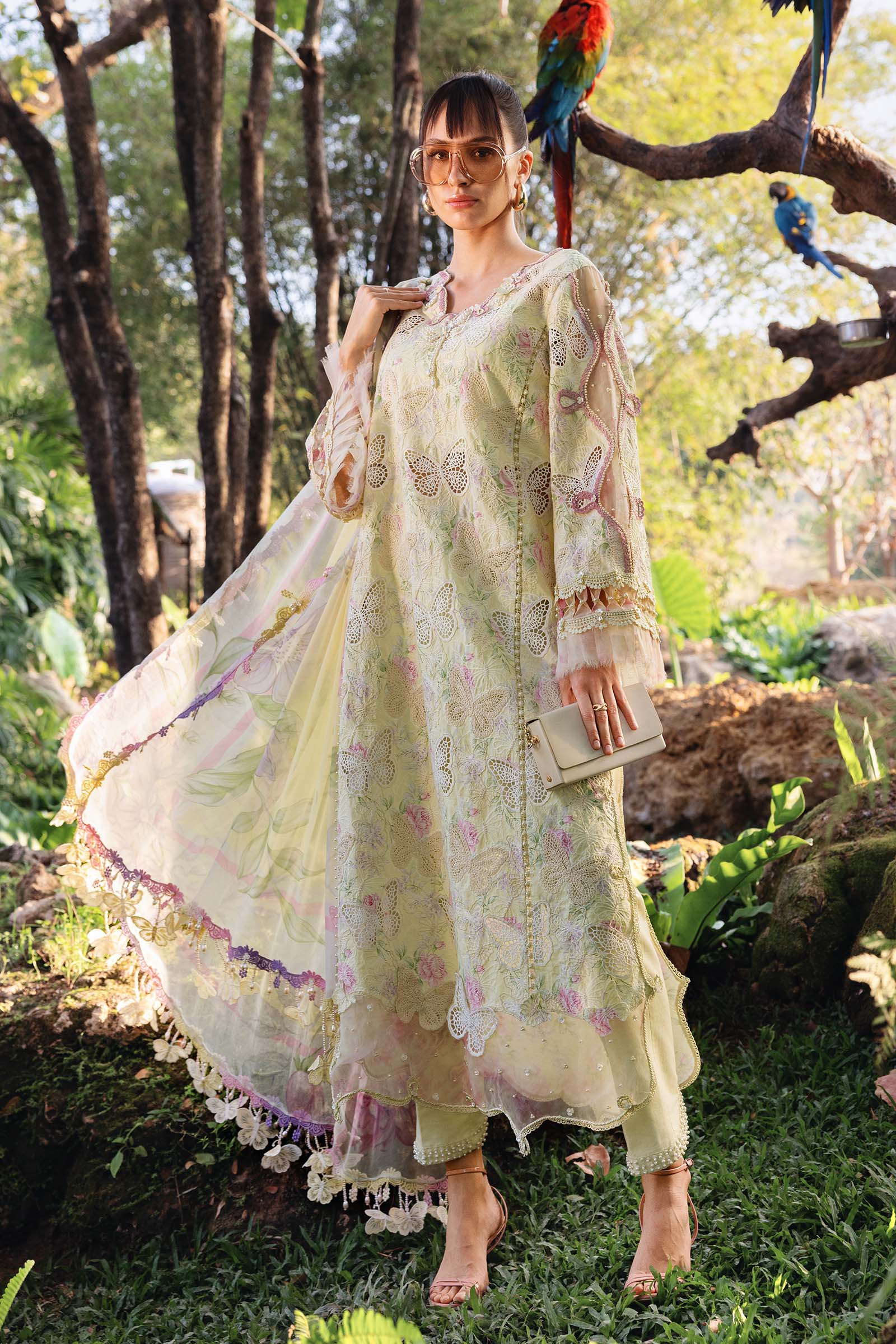 MARIA.B-3PC LAWN PRINTED CHIKAN EMB SHIRT WITH SILK PRINTED DUPATTA AND TROUSER-BIC-034
