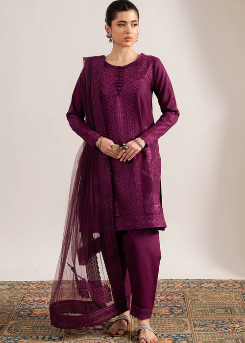 MARYAM & MARIA-3PC DHANAK EMBROIDERED SHIRT WITH ORGANZA EMBROIDERED DUPATTA & TROUSER-BIC-4063