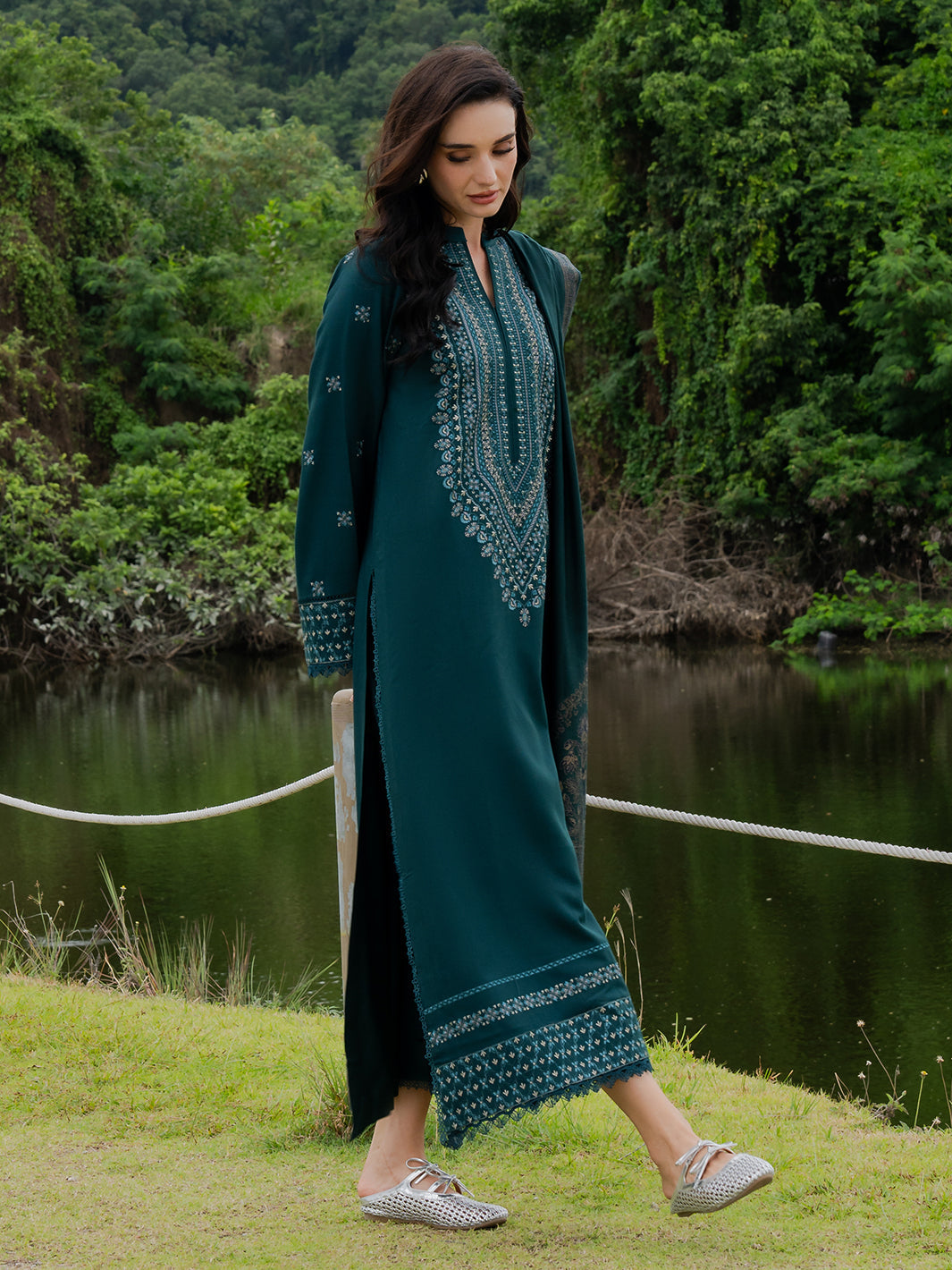 YARDS-3PC DHANAK EMBROIDERED SHIRT WITH COUTRAI PRINTED SHAWL AND TROUSER-BIC-5272