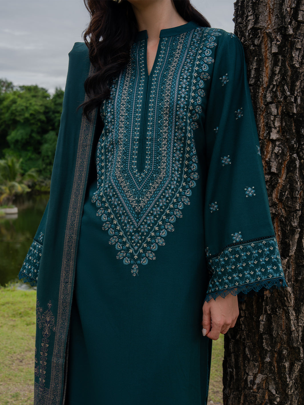 YARDS-3PC DHANAK EMBROIDERED SHIRT WITH COUTRAI PRINTED SHAWL AND TROUSER-BIC-5272